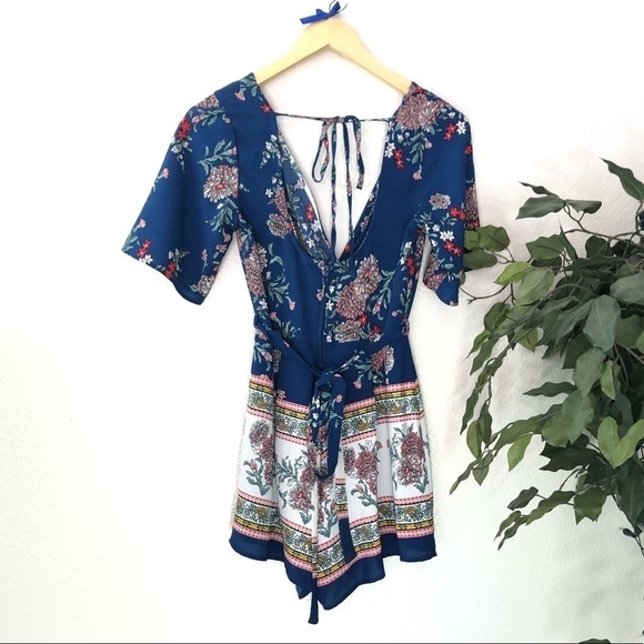Three Pink Hearts Blue Floral Romper - Picture 8 of 8